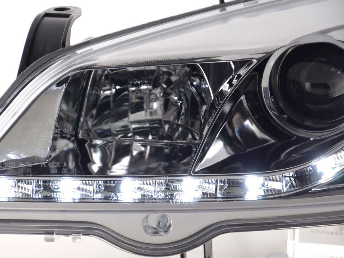 Scheinwerfer Set Daylight LED Tagfahrlicht Opel Astra G 98-03 chrom Scheinwerfer Set Daylight LED Tagfahrlicht Opel Astra G 98-03 chrom